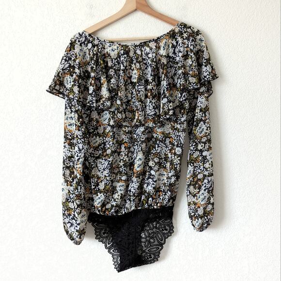 Free People Womens Bodysuit XS Black Floral Blouse Ruffle Long Sleeve NWT $78 - Picture 2 of 8